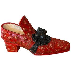 RARE! Vtg Ornate Red Plaster Shoe Planter Frilly Black Bow, Roses & Gold Accents
